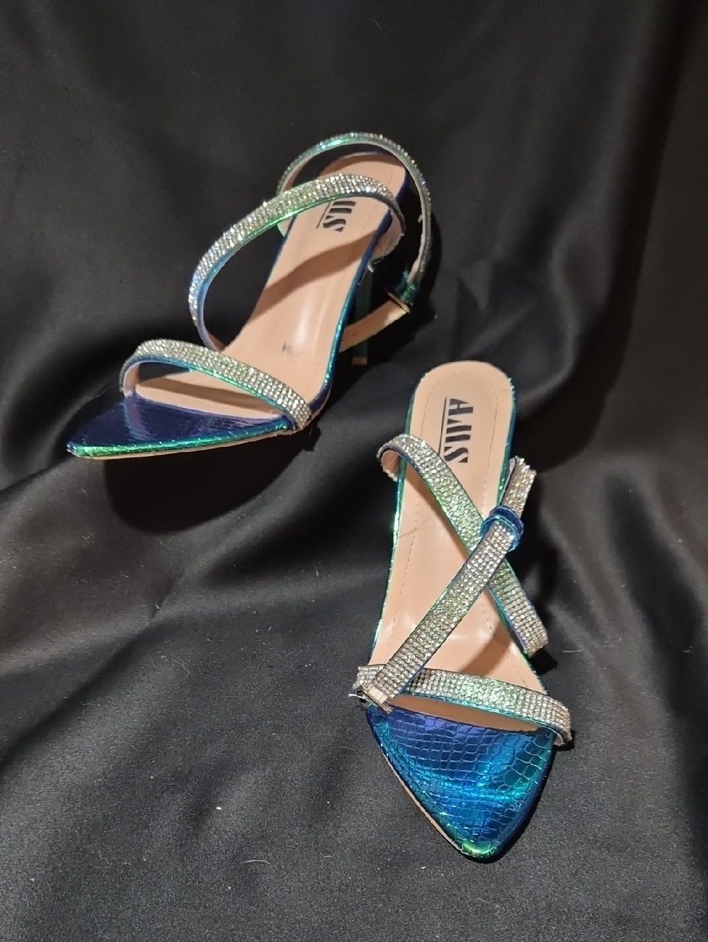 ALDO Iridescent Blue-Green Rhinestone Strappy Heels - Women's